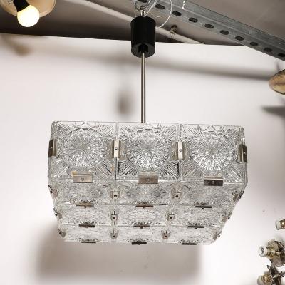 Kamenicky Senov Mid Century Rectilinear Cut Glass Nickel Clipped Chandelier by Kamenicky Senov