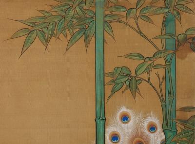 Kano Chikanobu 19th Century Japanese Silk Painting by Kano Chikanobu Peacock Bamboo
