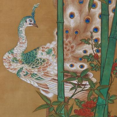 Kano Chikanobu 19th Century Japanese Silk Painting by Kano Chikanobu Peacock Bamboo