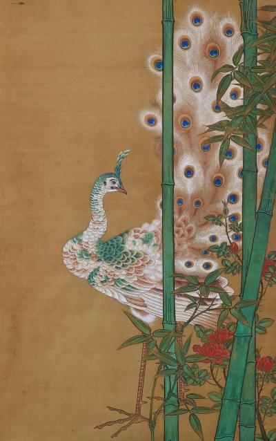 Kano Chikanobu 19th Century Japanese Silk Painting by Kano Chikanobu Peacock Bamboo