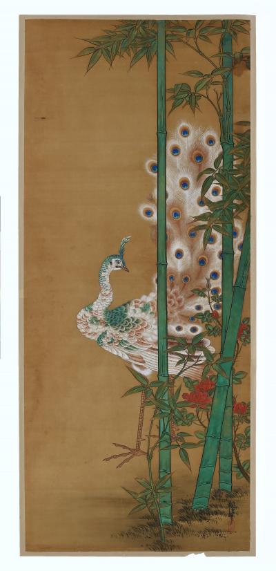 Kano Chikanobu 19th Century Japanese Silk Painting by Kano Chikanobu Peacock Bamboo 