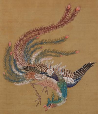 Kano Chikanobu 19th Century Japanese Silk Painting by Kano Chikanobu Phoenix Paulownia 