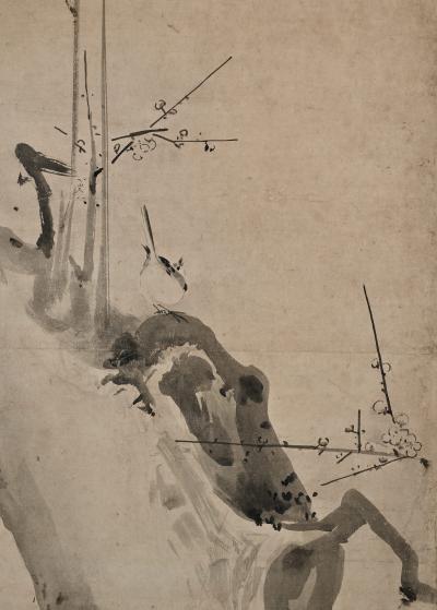 Kano Naonobu 17th Century Japanese Screen Ink Plum Tree Birds by Kano Naonobu
