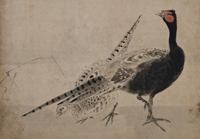 Kano Naonobu 17th Century Japanese Screen Ink Plum Tree Birds by Kano Naonobu