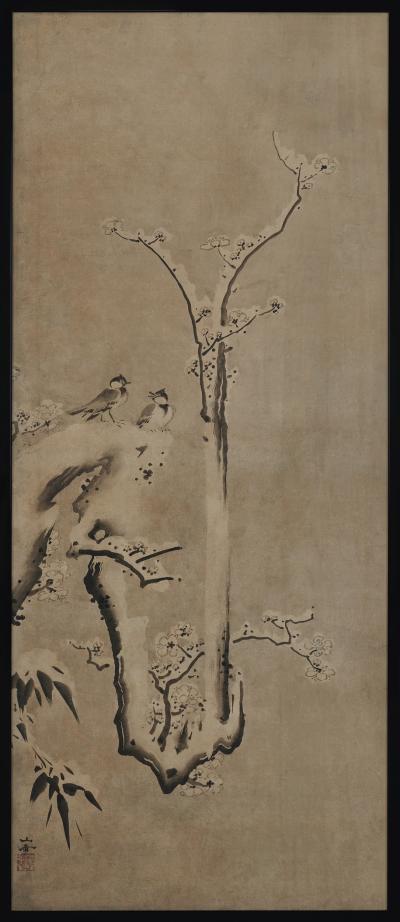 Kano Sansetsu 17th Century Japanese Framed Painting Plum Blossoms in Snow Kano Sansetsu