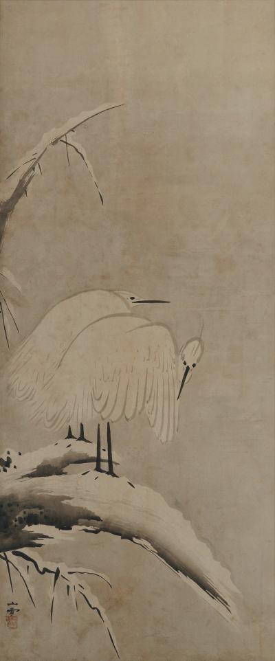 Kano Sansetsu 17th Century Japanese Framed Painting White Herons in Snow