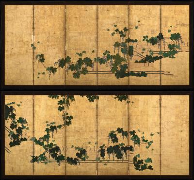 Kano Tsunenobu 17th Century Japanese Screen Pair Grapevines Attributed to Kano Tsunenobu