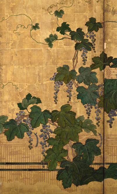 Kano Tsunenobu 17th Century Japanese Screen Pair Grapevines Attributed to Kano Tsunenobu
