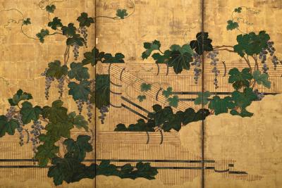 Kano Tsunenobu 17th Century Japanese Screen Pair Grapevines Attributed to Kano Tsunenobu