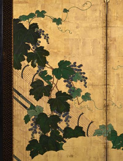 Kano Tsunenobu 17th Century Japanese Screen Pair Grapevines Attributed to Kano Tsunenobu