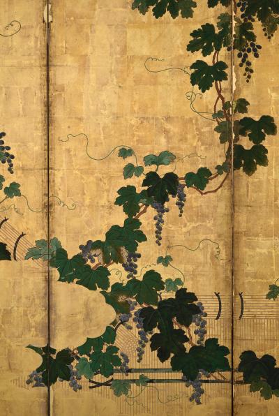 Kano Tsunenobu 17th Century Japanese Screen Pair Grapevines Attributed to Kano Tsunenobu