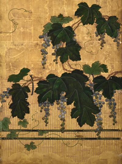 Kano Tsunenobu 17th Century Japanese Screen Pair Grapevines Attributed to Kano Tsunenobu