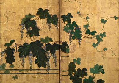 Kano Tsunenobu 17th Century Japanese Screen Pair Grapevines Attributed to Kano Tsunenobu