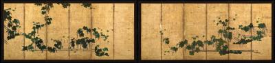 Kano Tsunenobu 17th Century Japanese Screen Pair Grapevines Attributed to Kano Tsunenobu