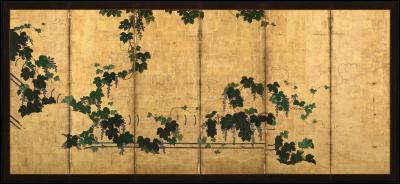 Kano Tsunenobu 17th Century Japanese Screen Pair Grapevines Attributed to Kano Tsunenobu
