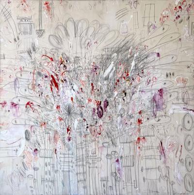 Karina Gentinetta La Boheme Large Scale Rose and Burgundy Acrylic Oil Pastel Abstract 72 x72 