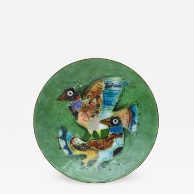 Karl Drerup Enamel tray of multi color birds by Karl Drerup