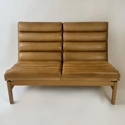 Karl Erik Ekselius Mid Century Modern Pair of Swedish Oak Cognac Leather Sofas by K E Ekselius