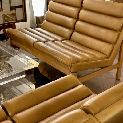 Karl Erik Ekselius Mid Century Modern Pair of Swedish Oak Cognac Leather Sofas by K E Ekselius