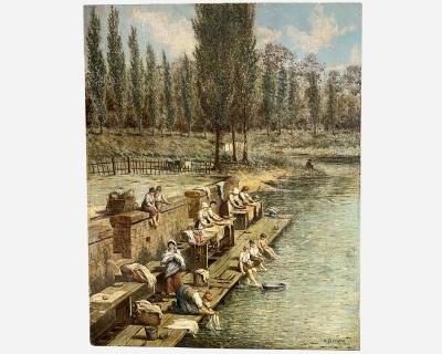 Karl Otto Flecken The Washerwomen oil on panel by Otto Flecken Germany 1922