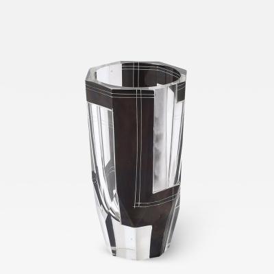Karl Palda Art Deco Acid Etched Black Glass Vase with Grooved Detailing by Karl Palda