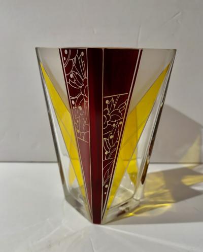 Karl Palda Art Deco Crystal Vase with Ruby Red and Amber by Karl Palda