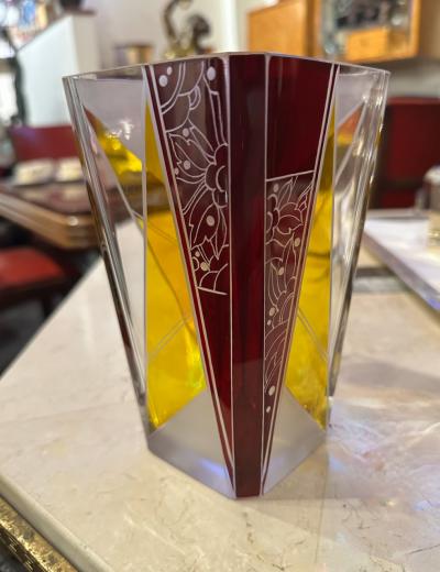 Karl Palda Art Deco Crystal Vase with Ruby Red and Amber by Karl Palda