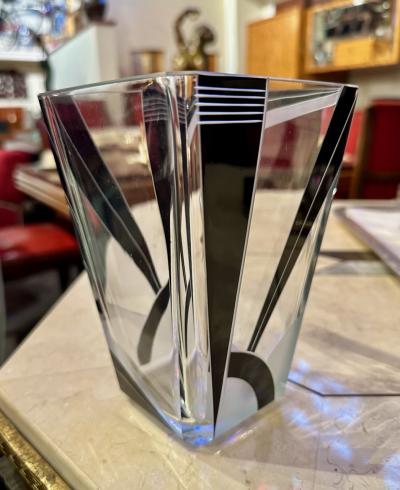 Karl Palda Art Deco Vase with Black Enameled Crystal by Palda
