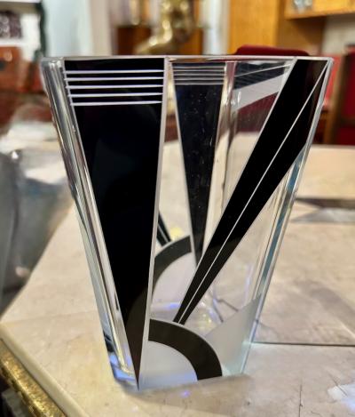 Karl Palda Art Deco Vase with Black Enameled Crystal by Palda