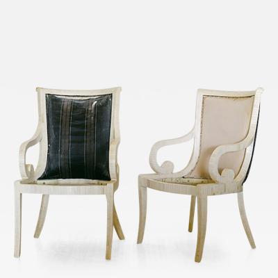 Karl Springer A Pair of Karl Springer Tessellated Bone Veneered Carver Dining Chairs 1970s
