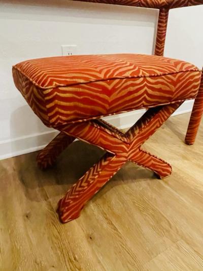 Karl Springer BEAUTIFUL CUSTOM FABRIC DESIGN MIRROR CONSOLE AND X STOOL SUITE