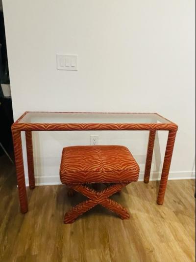 Karl Springer BEAUTIFUL CUSTOM FABRIC DESIGN MIRROR CONSOLE AND X STOOL SUITE