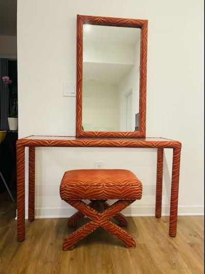Karl Springer BEAUTIFUL CUSTOM FABRIC DESIGN MIRROR CONSOLE AND X STOOL SUITE
