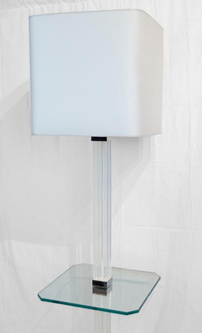 Karl Springer Chrome and Channeled Lucite Floor Lamp with Glass Table