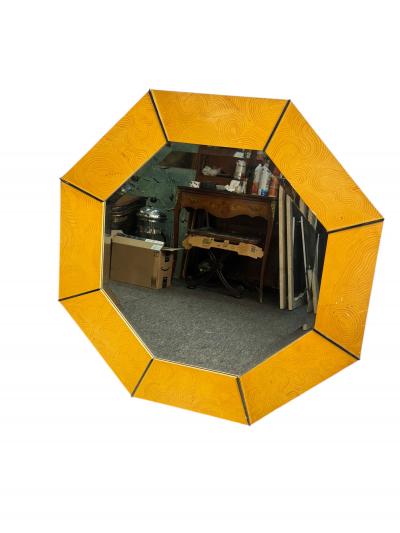 Karl Springer DESIGN PATTERNED WOOD CHROME FRAMED OCTAGONAL MIRROR BY KARL SPRINGER