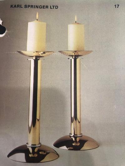 Karl Springer Documented Karl Springer Set of Three Midcentury Brass and Chrome Candlesticks
