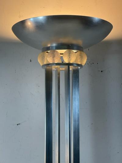 Karl Springer EXCEPTIONAL ART DECO REVIVAL BRUSHED CHROME AND GLASS BALL TORCHIERE