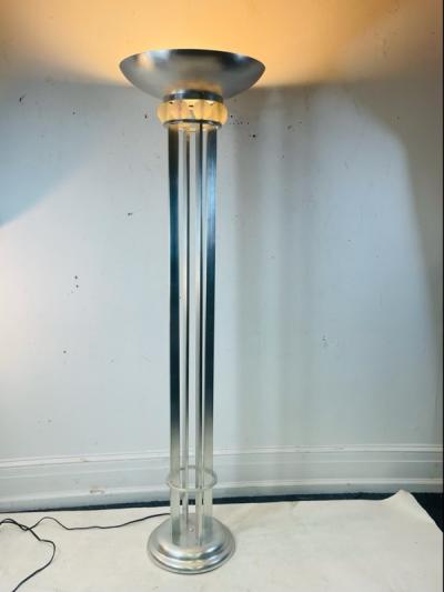 Karl Springer EXCEPTIONAL ART DECO REVIVAL BRUSHED CHROME AND GLASS BALL TORCHIERE