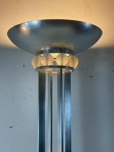 Karl Springer EXCEPTIONAL ART DECO REVIVAL BRUSHED CHROME AND GLASS BALL TORCHIERE