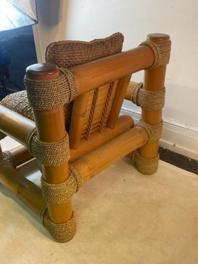 Karl Springer EXCEPTIONAL MODERNIST BAMBOO AND TIED SISAL CLUB CHAIR WITH MATCHING OTTOMAN