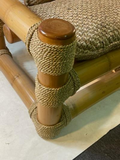 Karl Springer EXCEPTIONAL MODERNIST BAMBOO AND TIED SISAL CLUB CHAIR WITH MATCHING OTTOMAN