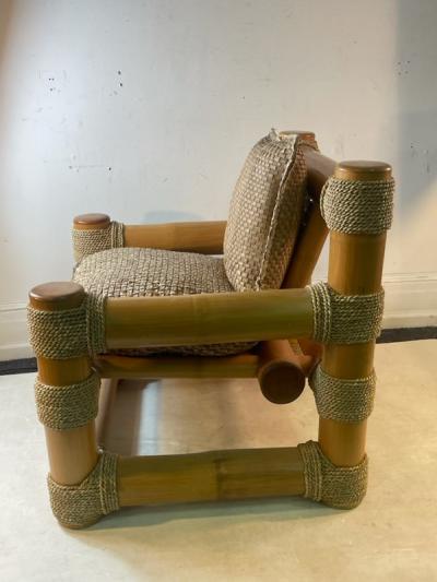 Karl Springer EXCEPTIONAL MODERNIST BAMBOO AND TIED SISAL CLUB CHAIR WITH MATCHING OTTOMAN