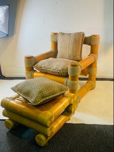 Karl Springer EXCEPTIONAL MODERNIST BAMBOO AND TIED SISAL CLUB CHAIR WITH MATCHING OTTOMAN