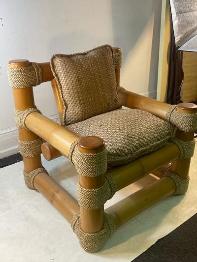 Karl Springer EXCEPTIONAL MODERNIST BAMBOO AND TIED SISAL CLUB CHAIR WITH MATCHING OTTOMAN