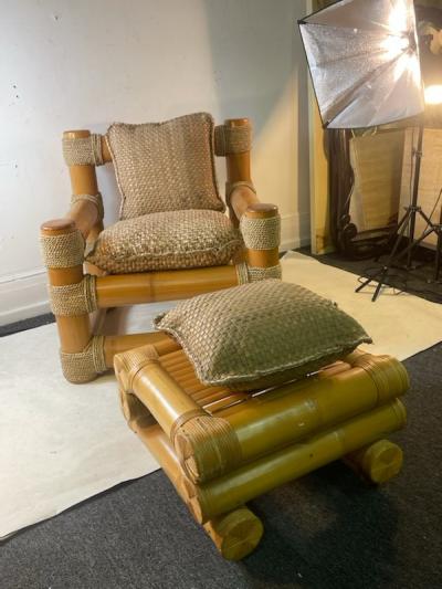 Karl Springer EXCEPTIONAL MODERNIST BAMBOO AND TIED SISAL CLUB CHAIR WITH MATCHING OTTOMAN
