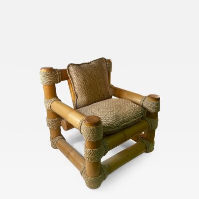 Karl Springer EXCEPTIONAL MODERNIST BAMBOO AND TIED SISAL CLUB CHAIR WITH MATCHING OTTOMAN