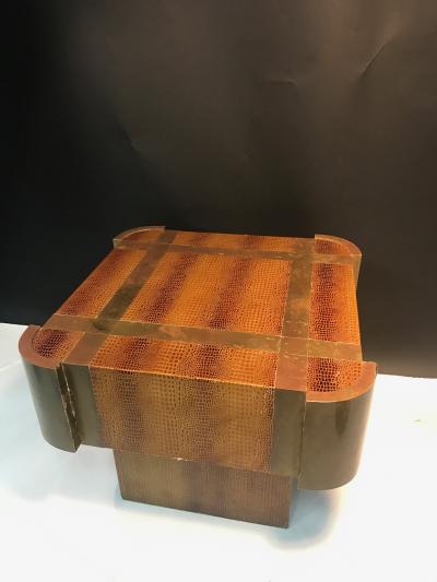 Karl Springer Exceptional Alligator Skin and Brass Table attributed to Karl Springer