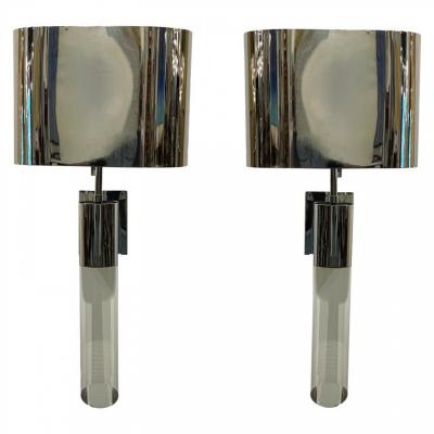 Karl Springer Fine Pair American Modern Polished Steel and Lucite Wall Lights Karl Springer