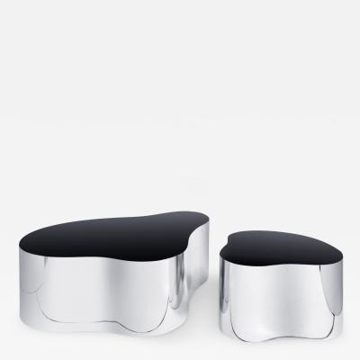 Karl Springer Free Form Coffee Tables in Polished Stainless Steel with Black Glass Tops 1980s