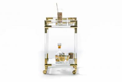 Karl Springer Hollywood Regency Lucite and Brass Rolling Bar Cart 1970s